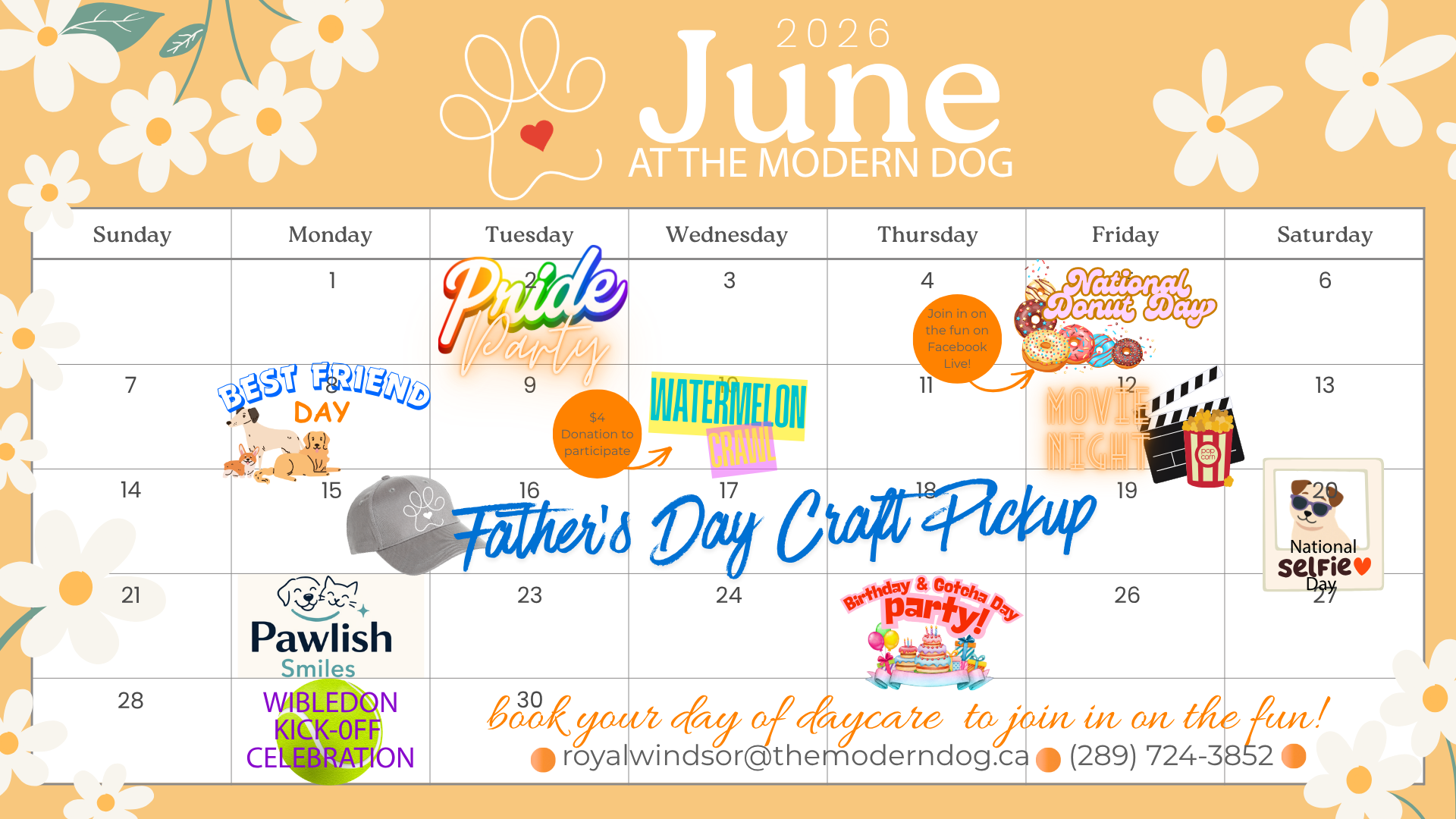 A calendar of June events at a dog daycare in Oakville